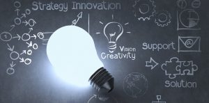 lightbulb on words indicating innovation and creativity per chalk board